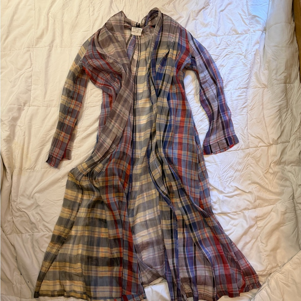 Forte Forte Lightweight Plaid Duster Coat in Blue, Tan & Rust - Picture 5 of 9